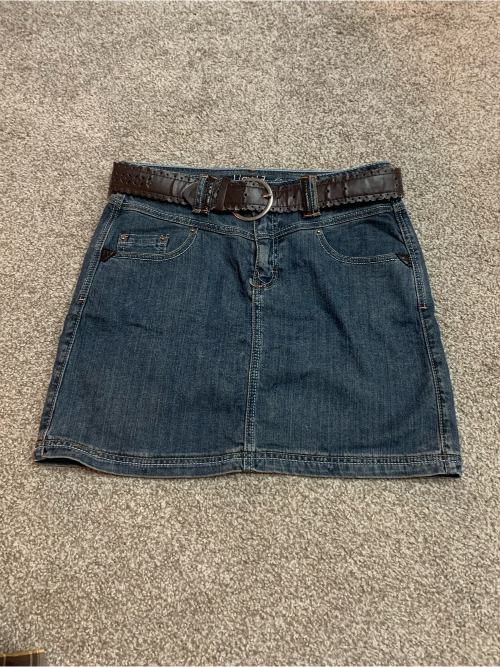 Liquido Dark Blue Denim Mini Skirt with Brown Belt
